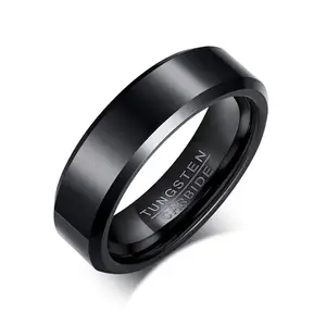 6mm Wedding Band Comfort Fit Beveled Edges Silver Wholesale Ring Black Tungsten Carbide Engagement Rings for Women Men
