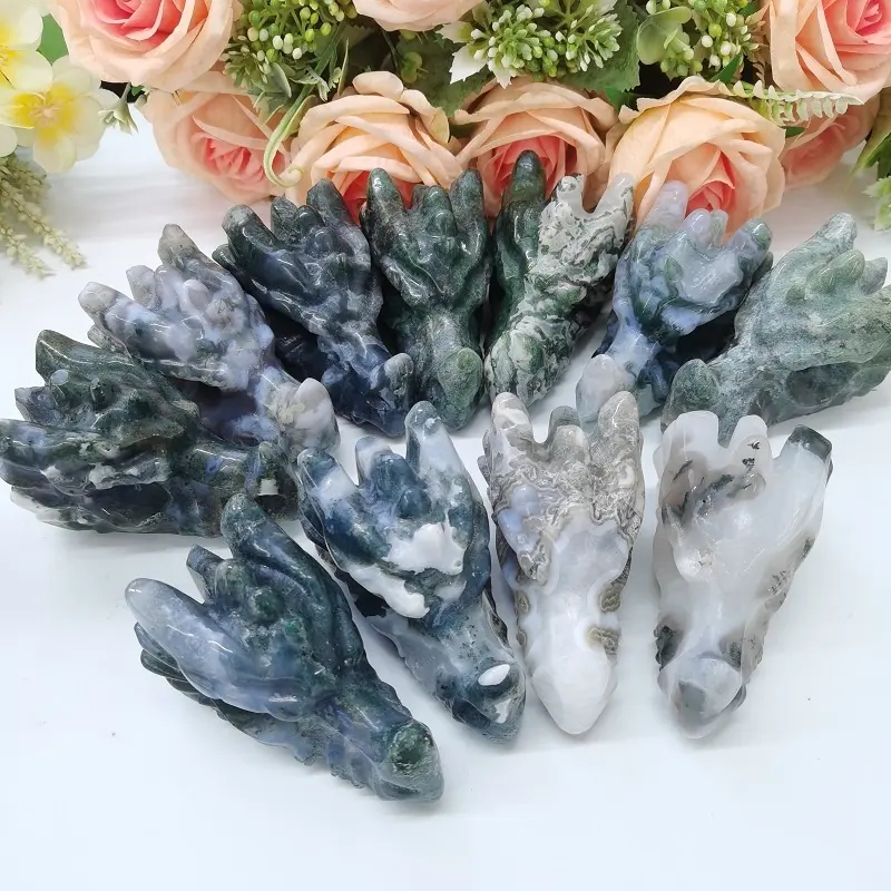 Ручная резьба из натурального камня, кристаллы, 8 см, мох, агат, Голова Дракона Для фэн-шуй