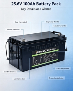 Batterie LiFePO4 24V 100Ah avec BMS intégré, cycle profond, puissance de 2560W, plus de 500 cycles pour le stockage d'énergie solaire - Product Image 1