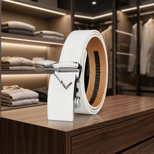 White Genuine Leather Automatic <b>Belt</b> with <b>Silver</b> Rectangular <b>Buckle</b> Formal Men's Style - Product Image 3