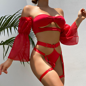 Meilleures ventes : Lingerie rouge sexy en résille transparente, érotique, avec porte-jarretelles, culotte T-back et haut bustier, pour tenues sexy - Product Image 2