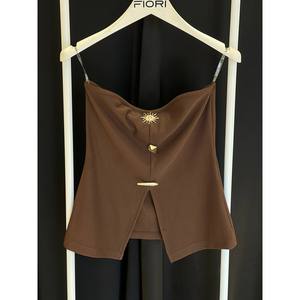 Fiori <b>Women's</b> Strapless Yoga <b>Top</b> Criss Cross Neck Asymmetric Spandex Polyester Breathable <b>Brown</b> - Product Image 1