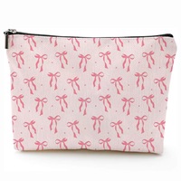 JOYSUN Coquette Tendance Preppy – Trousse de Maquillage Légère en Lin avec Fermeture Éclair et Nœud, Sac de Rangement Portable pour Articles de Toilette