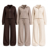 Ensemble deux pièces côtelé pour femme, col zippé, pantalon large oversize, tenue décontractée d'automne OEM ODM