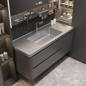 Meuble de salle de bain intelligent moderne gris avec miroir de rangement, meuble suspendu gris pour lavabo, fonction anti-buée et affichage de l'heure - Product Image 4