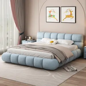 Cama de nube italiana, mueble de dormitorio de tela de color crema, de lujo, doble cama, tecnología simple