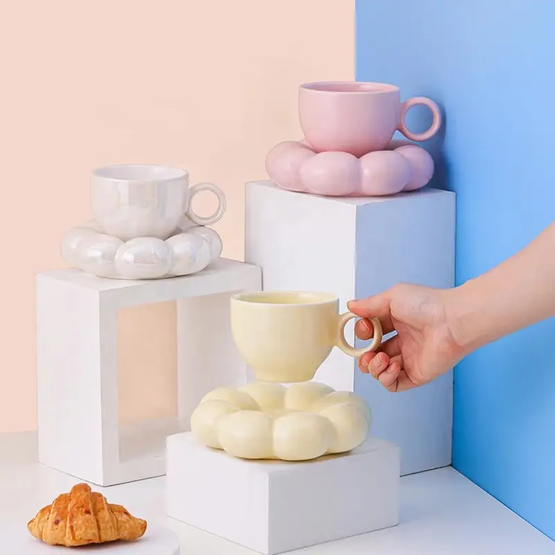 Tivray Macaron renk kahve fincan ve çay tabağı çiçek şekli buz Pangpang yağ krem fincan porselen seramik kupa