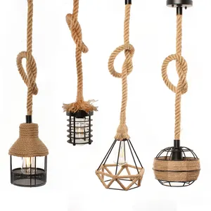 hemp rope black metal hanging lamp industrial pendant light dining room large chandelier