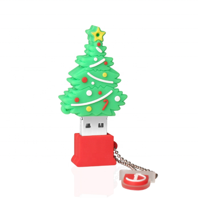 New 2026 Christmas Holiday Theme USB 2.0 Flash Drive Cartoon Christmas Tree Shape USB Pendrive with Keychain