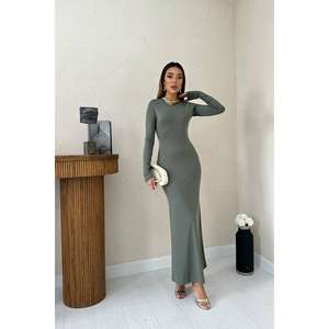 Robe longue moulante kaki en gros, col montant, taille naturelle, confortable pour les soirées - Product Image 5