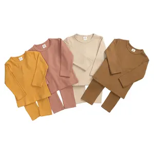 Mode Groothandel Herfst Kids Jongens En Meisjes Kleding Sets 2 Stks/set Baby Lange Mouwen Plain Geribbelde Katoenen Kleding