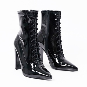 Front Lace up Mirror Upper Solid Pointed Toe Women <b>Ankle</b> Boots Fashion Side Zip Chunky Heel Short <b>Booties</b> Big Size 46 for Ladies - Product Image 4