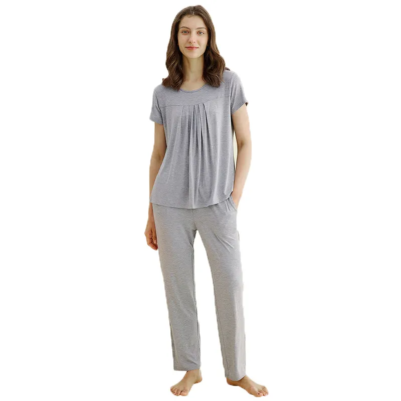 Kunden spezifische Damen Bambus Nachtwäsche Plissee Shirt Hosen Pyjamas Set aus Bio-Bambus und Baumwolle Stoffe