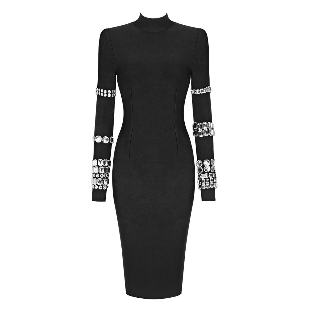 High Neck Diamond Long Sleeved Knitted Rhinestone Dress Elegant Women's Bandage  Dress| Alibaba.com