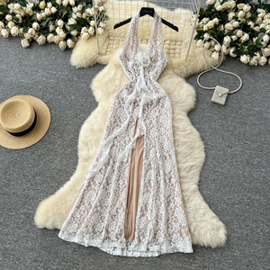 Elegante abito <span class=keywords><strong>Midi</strong></span> impero da donna con spacco alto e profondo a V in pizzo senza maniche senza maniche Design floreale per feste estive - Product Image 5