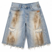 Shorts en jean personnalisés JUSHENG pour hommes, effet usé, délavé à l'acide, bords bruts, déchirés, brodés, style streetwear
