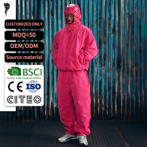 Men's Pink Hooded Workwear Set Nylon Quick Dry Winter Outerwear Streetwear Windbreaker Set - Product Image 1