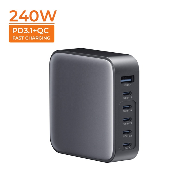 240W GaN 6-Port PD Foldable Fast Charger Desktop Station Laptop Adapters OVP/OTP Protection for Phone Earphone Smart Watch