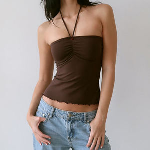 Top Halter Minimalista de Color Liso para Mujer con Busto Fruncido, Ribete de Encaje, Sin Espalda, Ajuste Delgado, Sin Mangas, Top de Verano - Product Image 5