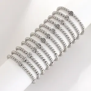 Stainless Steel Bracelet Vacuum Plated Round Bead Women's Bracelet 12 Zodiac Sign Elastic Bracelet