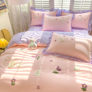 Princess Style Cotton <b>Bedding</b> <b>Set</b> Solid Color Lace Trim Breathable Home Use - Product Image 5