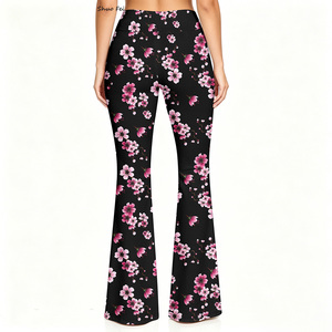 High Waisted Cherry Blossom Digital Print Flare Leggings <strong>Women</strong> Sakura Floral Graphic Bell Bottom Pants Summer Yoga <strong>Trousers</strong> - Product Image 3