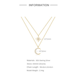 Collier en argent sterling S925 double rangs avec étoile et lune serties de diamants, pendentif étoile à huit branches pour femme - Product Image 2