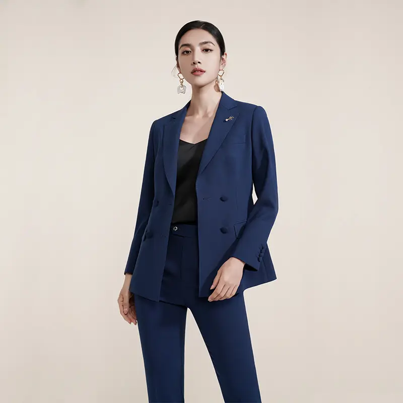 Traje ejecutivo azul para mujer, estilo occidental de moda de gran tamaño con decoración de botones, Material de lana Natural transpirable