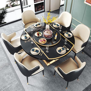 Black Smart Heating Marble Modern Dining <b>Table</b> Set Luxury Extendable Round 6 <b>Chairs</b> for Hotel & Villa Rooms Adjustable Dinning T - Product Image 1