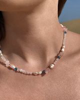 Collier élégant fait main en perles de culture d'eau douce baroques et pierres naturelles, avec éclats de pierres précieuses, étanche, idéal pour un cadeau - Grande Vente