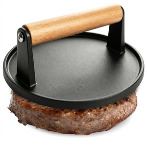 Prensa para asar de hierro fundido redonda de alta resistencia con mango de madera, antiadherente y precurada, para hacer hamburguesas y prensar carne - Product Image 1