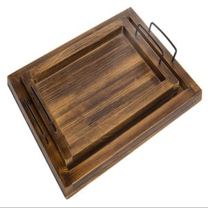 Plateau de service en <span class=keywords><strong>bois</strong></span> de pin massif avec poignées en <span class=keywords><strong>métal</strong></span> Assiettes rectangulaires finies brûlées Vaisselle - Product Image 2