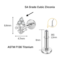 Perhiasan tindik JiaXin ASTM F136 Titanium Grade Implant, tanpa ulir, flat back, labret stud, untuk bibir, helix, conch, dengan inlay zircon berbentuk hati, ukuran 16G