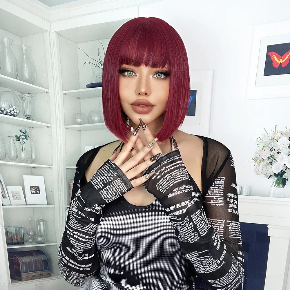 Ainizi 12in short bob red wine machine made fashion synthetic hair wigs with bangs for women