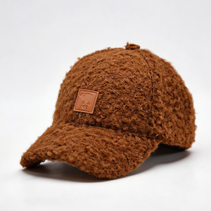Brown Teddy Fleece Baseball Cap for Women, Curly Sherpa <b>Hat</b> with Leather Patch, Warm Winter Baseball <b>Hat</b> for Streetwear - Product Image 5