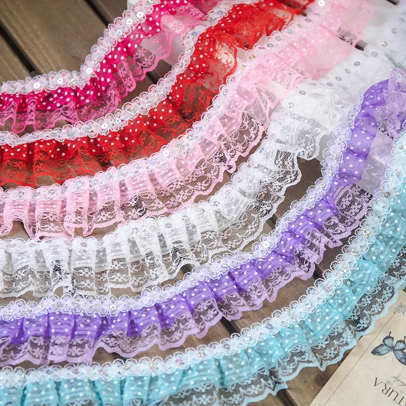 ZSY colorful organza lace trim flower Ribbon band for dress layers Flashing film pleating mesh lace