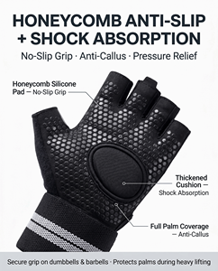 Gants <span class=keywords><strong>de</strong></span> <span class=keywords><strong>sport</strong></span> demi-doigts respirants avec support <span class=keywords><strong>de</strong></span> poignet pour hommes et femmes, idéaux pour le cyclisme en extérieur, l'haltérophilie, l'escalade, et absorbant les chocs - Product Image 2