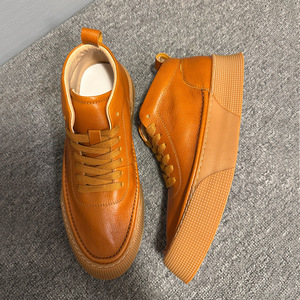 Zapatillas de Hombre con Caña Alta, de Cuero Marrón, Casuales, con Suela Acolchada, Cordones Delanteros, Color Sólido, Talla Adulto - Product Image 3