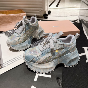 2025 New Ladies Thick Sole Breathable Casual <b>Shoes</b> Trendy Platform Footwear Women Rhinestone Denim Chunky Sneakers Size 42 - Product Image 2