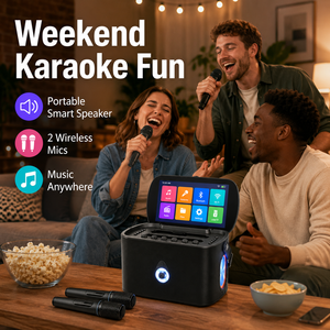 Machine de karaoké portable avec deux microphones sans fil, écran tactile, batterie 8H, système audio pour fêtes, maison, extérieur et voyage - Product Image 2