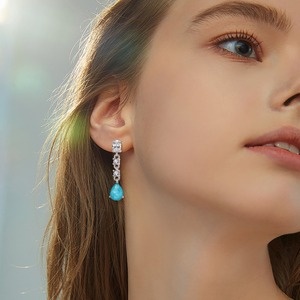 أقراط متدلية مجوهرات من الفضة الإسترلينية مضادة للحساسية مع أحجار كريمة زرقاء على شكل دمعة وثلاثة أحجار زركونيا شفافة للنساء - Product Image 3