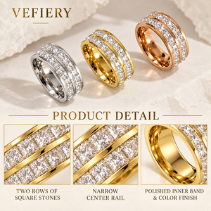 Wholesale Gold Plated Triple <b>Row</b> Zircon Stainless Steel Statement Band Ring for Women - Product Image 4