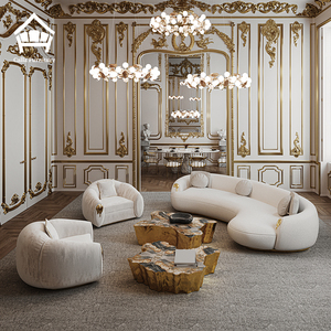 Modern Luxury <strong>Gold</strong> Brass Curved Velvet Sectional Boucle <strong>Sofa</strong> with Chairs and Round Coffee Table for Villa Living Room Furniture - Product Image 3