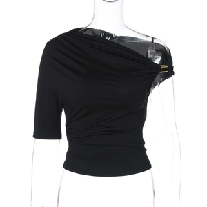 Nuovo Design estivo alla moda <span class=keywords><strong>monospalla</strong></span> marrone camicetta snellente Sexy camicie abbigliamento donna camicie a maniche corte - Product Image 4