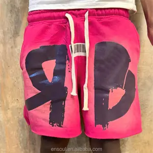 Streetwear özel Logo sıkıntılı pamuk ter şort güneş soluk şort kesim kenar asit yıkama şort erkekler
