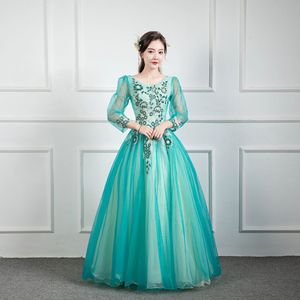 Peacock Blue Ball Gown Evening Dress With Floral Print Chiffon Scoop Neck Empire Waistline For Performances Parties Photo - Product Image 2
