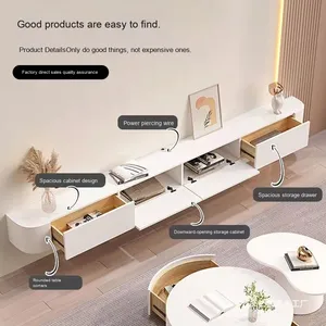 Meuble TV moderne et minimaliste flottant en bois massif Table basse murale en dalle de roche pour petit salon Vases en céramique et porcelaine - Product Image 2