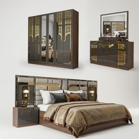 Ensemble de meubles de chambre à coucher de luxe arabe moderne personnalisé, lit rembourré en métal à motifs dorés, commode LED, armoire, hôtel, appartement
