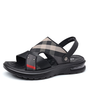 New <b>Summer</b> Men Genuine Leather Sandals Plaid Design Air Cushion Thick Sole Non Slip Wear Resistant Outdoor Beach Casual Shoes - Product Image 1