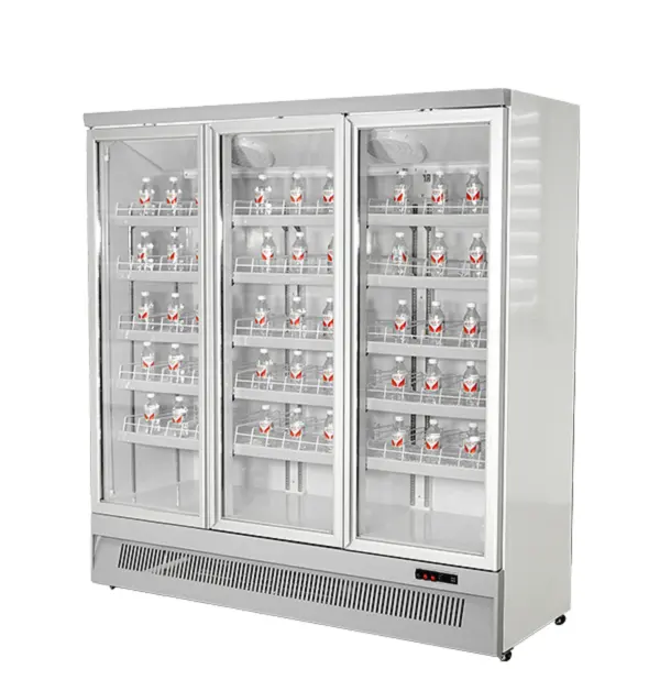 Large cabinets commercial super refrigerated food and beverage three door glass vertical open refrigerator display cabinet